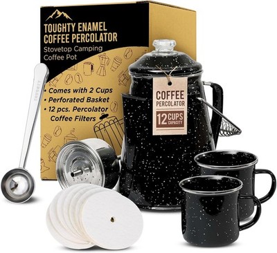 Enamel Coffee Percolator - Stovetop Coffee Maker for Camping, Open Fire, Grill,