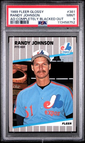 1989 FLEER GLOSSY AD COMPLETELY BLACKED OUT #381 RANDY JOHNSON ROOKIE RC PSA 9