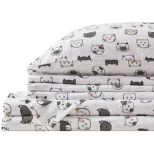 Comfort Spaces Full Size Cotton Flannel Sheets Set - Ultra Soft, Cat Print Grey/