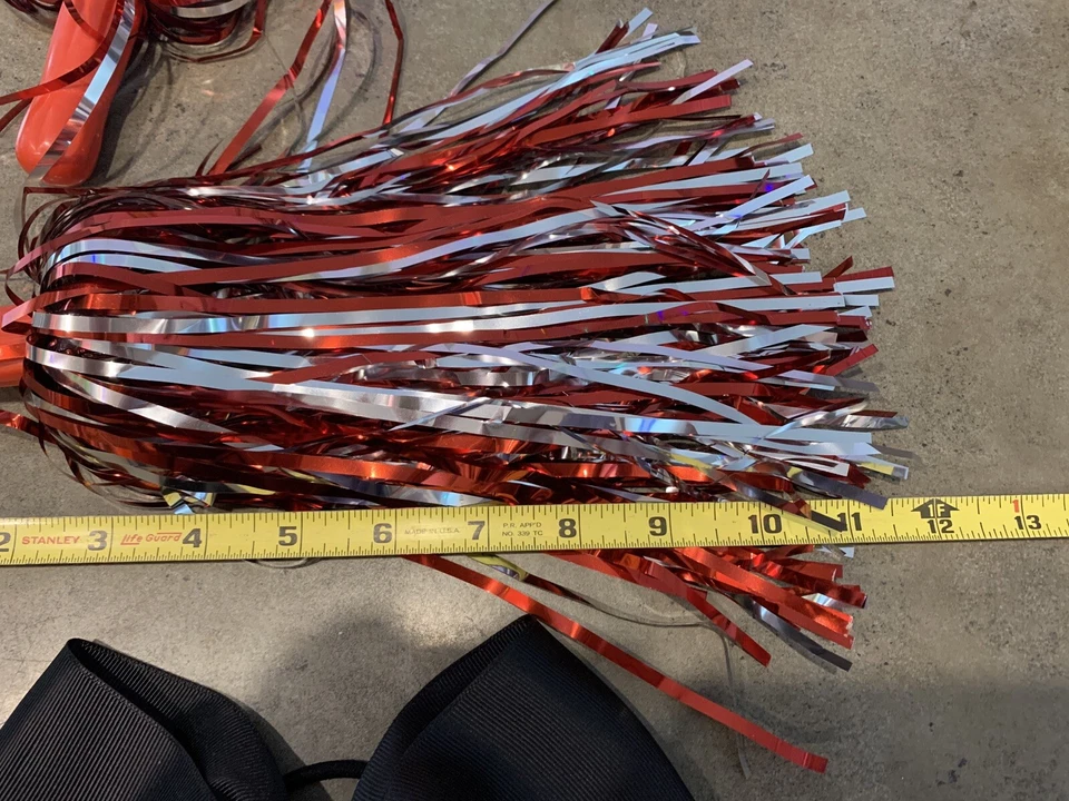 Cheerleader Pom-Poms (Pair) Kids Toy Costume Red & Silver And Black Bow - Image 4 of 4