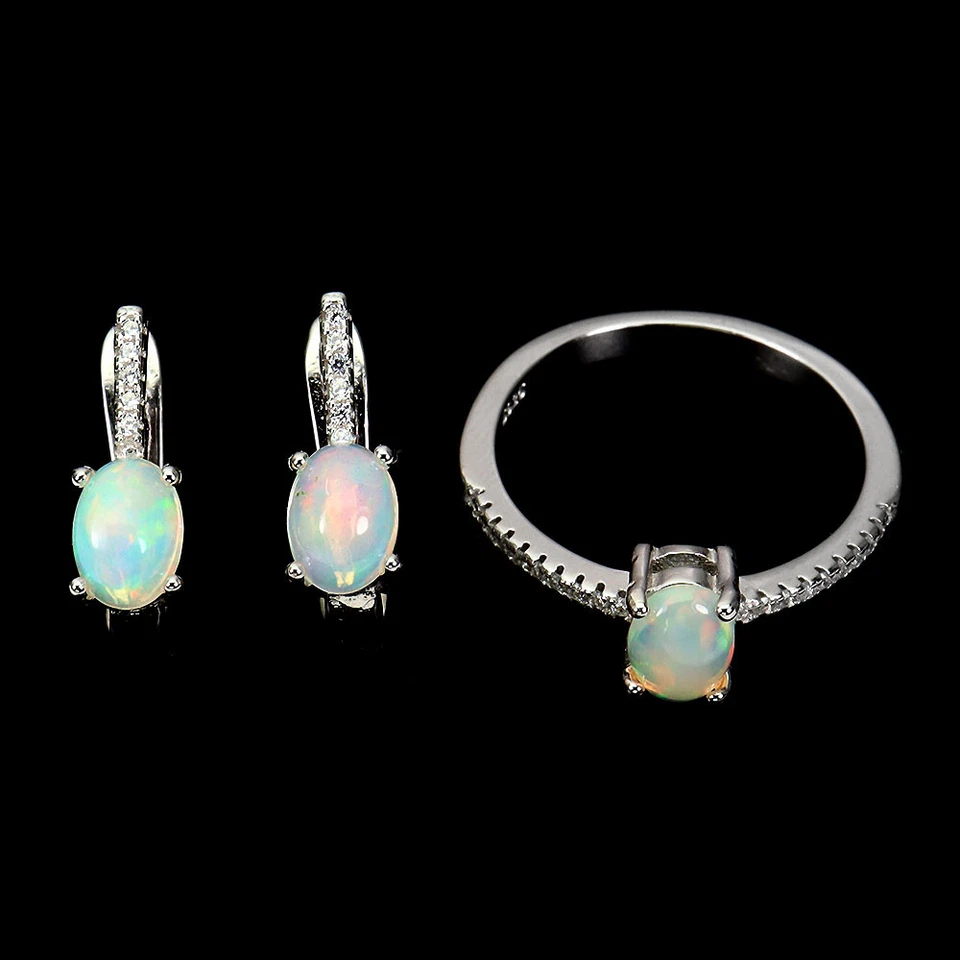 925 Argento Sterling Set Ovale Opale di Fuoco 7x5mm Gemma Pietra Naturale - Immagine 2 di 4