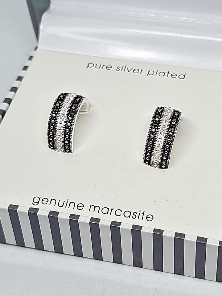 Pendientes Le Vieux Swarovski Marcasita Circonita Cúbica Placa Plata Medio Aro Foto 2 de 4