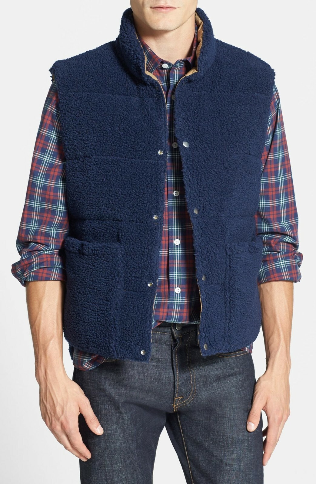 GANT RUGGER BARNEYS NY MENS KHAKI / NAVY BLUE REVERSIBLE DOWN SHERPA VEST - NWT image 3