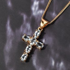 Natural Aquamarine Cross Pendant Necklace 925 Sterling Silver March Birthstone