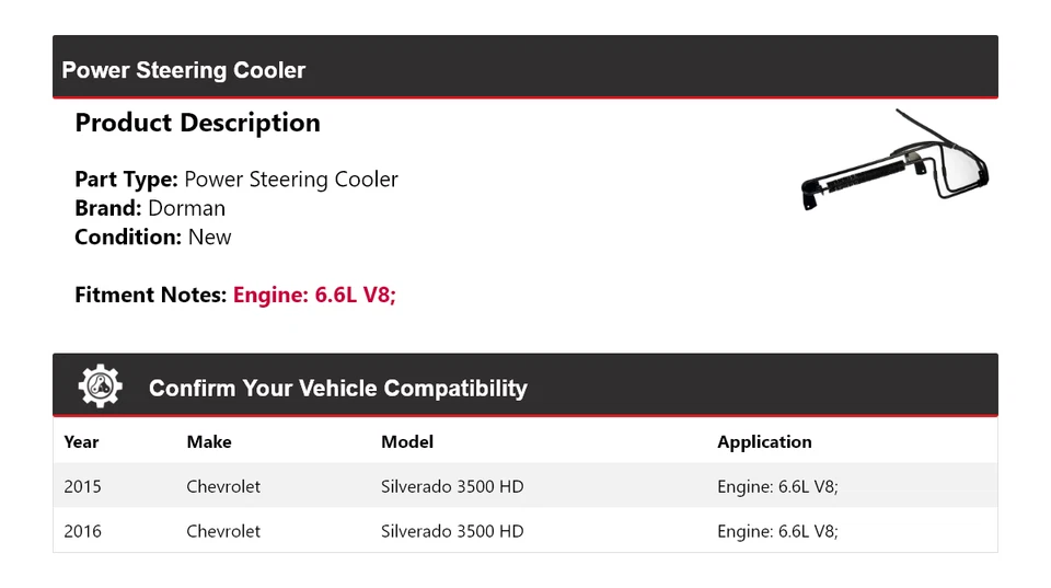 Enfriador de dirección asistida Dorman V8 6,6 L HD 2015-2016 Chevrolet Silverado 3500 HD Foto 2 de 4