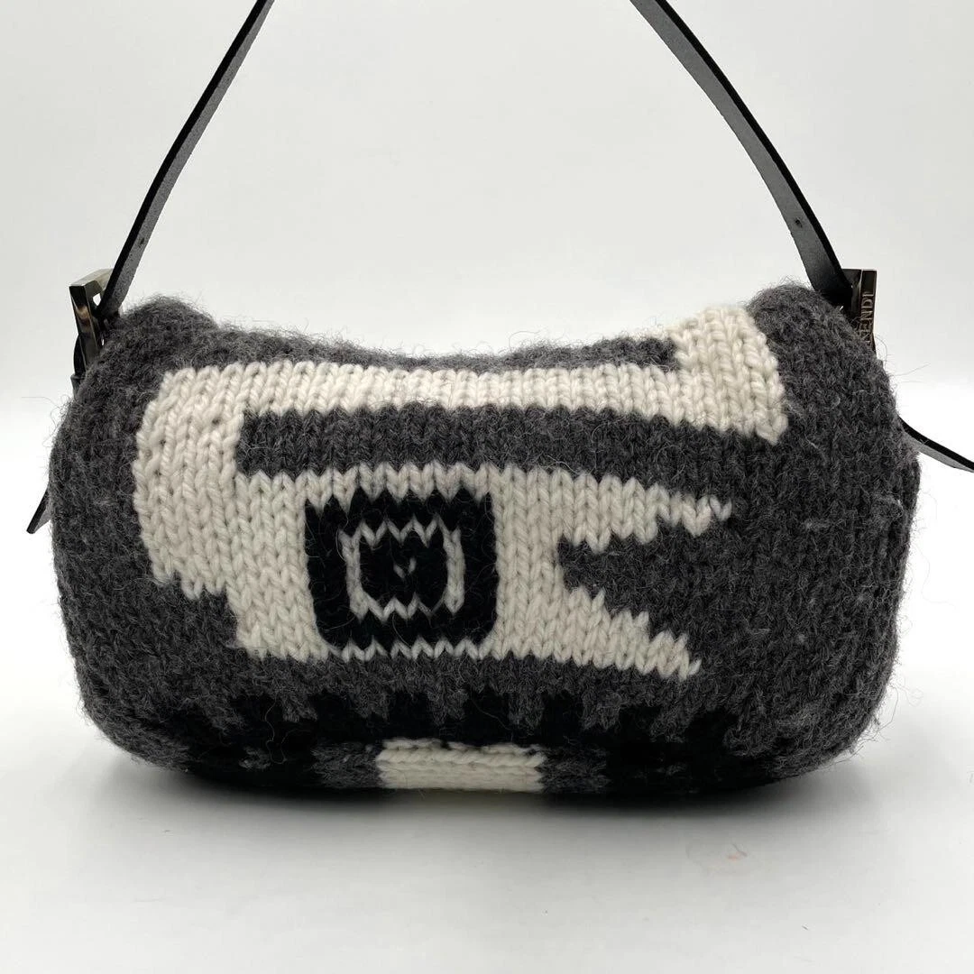 VINTAGE FENDI Mamma Baguette Black & White Wool Knit Handbag