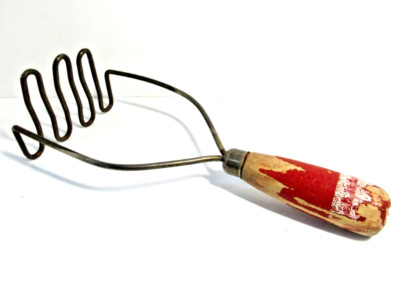 Vintage Antique Farmhouse Utensil Chippy Red White Wood Handle Potato Masher-gg