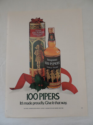 1972 SEAGRAM'S 100 PIPERS SCOTCH WHISKY Full Page Color Print Advertisement