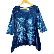 Vintage Collections Etc Tunic Top Women's Size Medium Blue Snowflakes Sequins