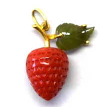 Vintage 18K Yellow Gold and Natural Undyed Carved Coral  Strawberry Pendant