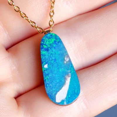 14K Gold Bail Australian Coober Pedy Opal Doublet Pendant Necklace SUM11
