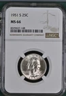 1951-S SILVER WASHINGTON QUARTER, NGC MS 66, NGC Brown Holder 8329637-148