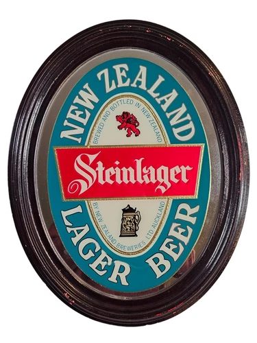 Vintage Beer Sign New Zealand Steinlager Oval Mirror Wood Framed 18" x 14"