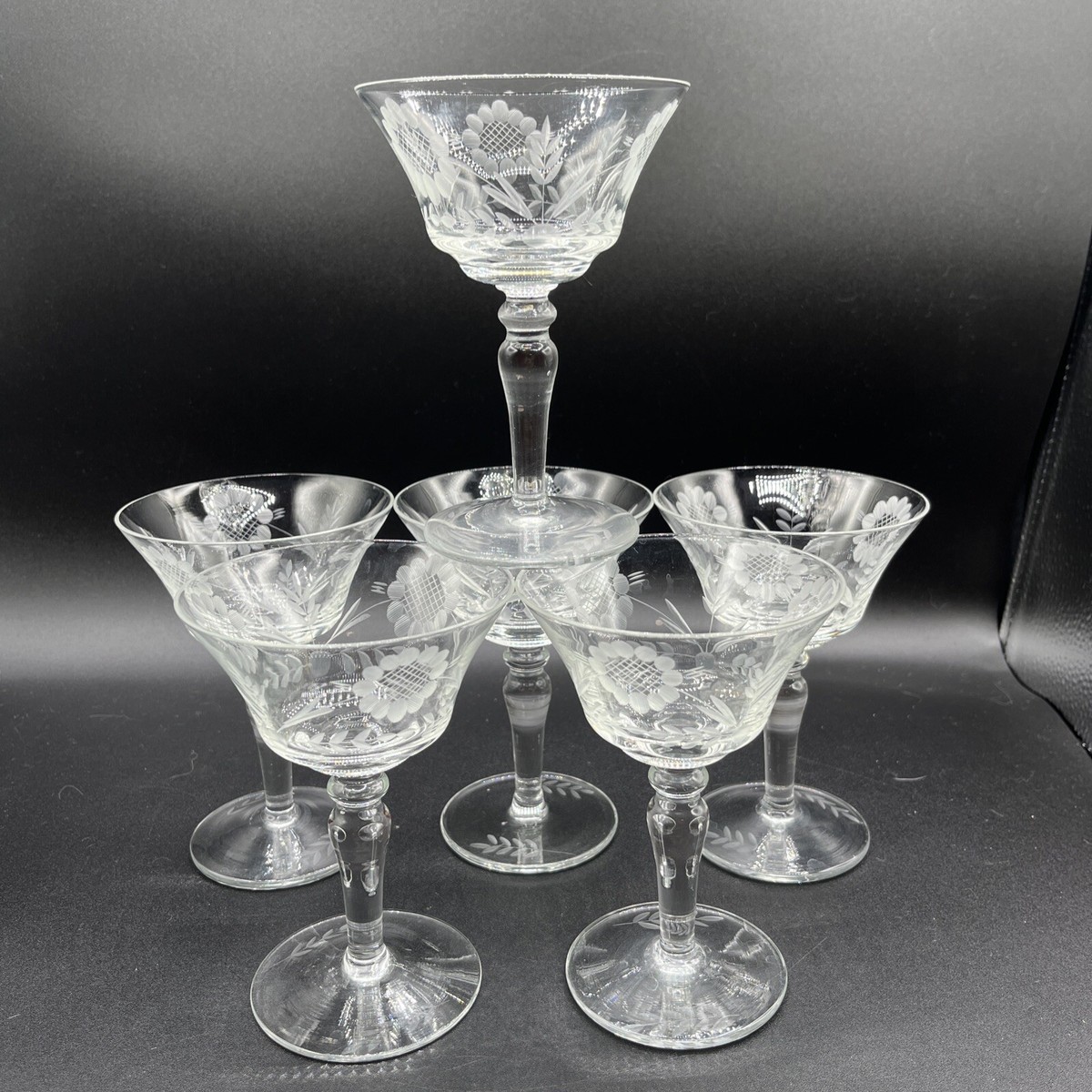 Set 6 Hughes Cornflower Etched Crystal 6oz Sherbet/Champagne