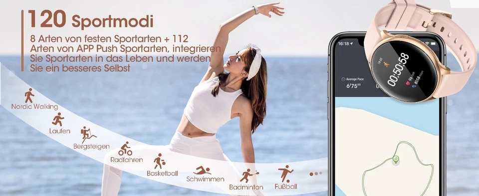 SmartWatch Damen in Roségold, Bluetooth-Anrufe, Fitnessuhr für Samsung & Apple - Bild 4 von 4
