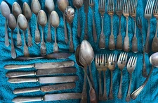 37 Misc Pcs Silver Plate Flatware Utensils Forks Knives Spoon Art Craft Mobile