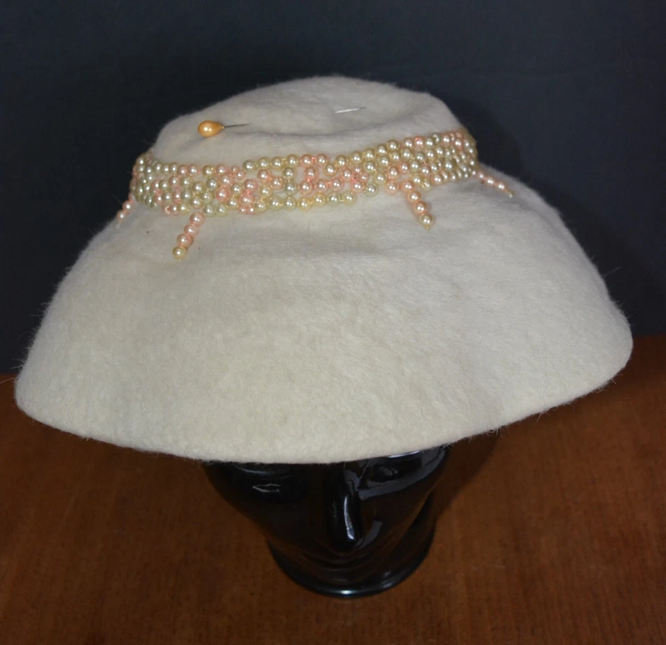Винтажная женская шерстяная волнистая широкополая шляпа CHANTE от Schachter цвета слоновой кости с бисером - Изображение 2 из 4
