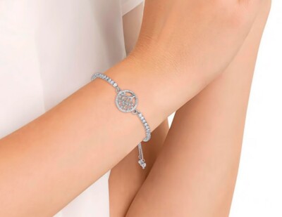 Cubic Zirconia Tree Of Life Adjustable Bolo Bracelet Silver Plated in Gift Box