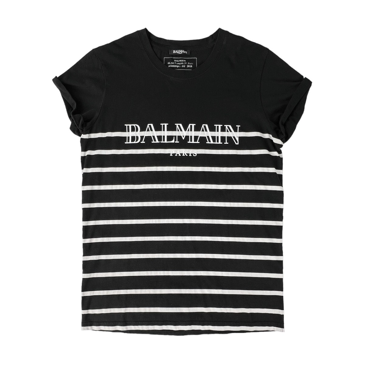 Balmain Men's Black White Stripe Logo T-Shirt Size M UK - Main Image
