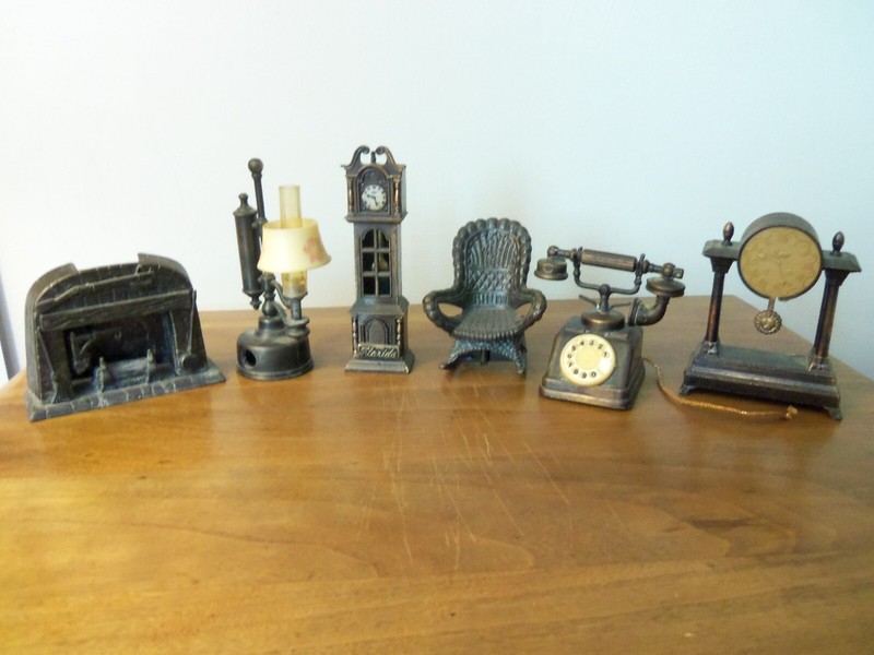 6 Metal Pencil Sharpeners: Telephone 2 CLOCKS Rocking Chair OIL LAMP Fireplace