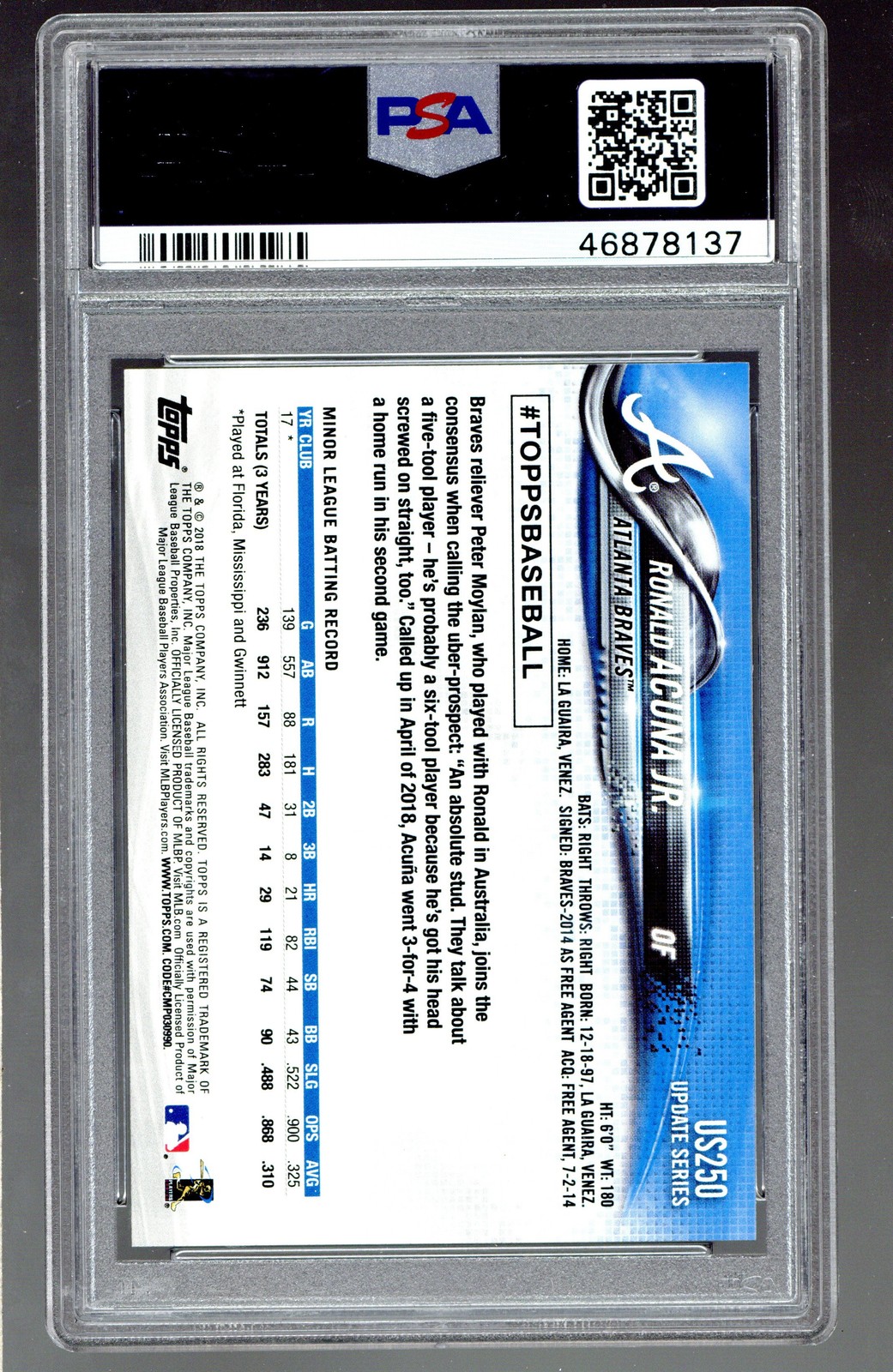 2018 Topps Update #US250 Ronald Acuna Jr. ROOKIE RC PSA 9 view 2
