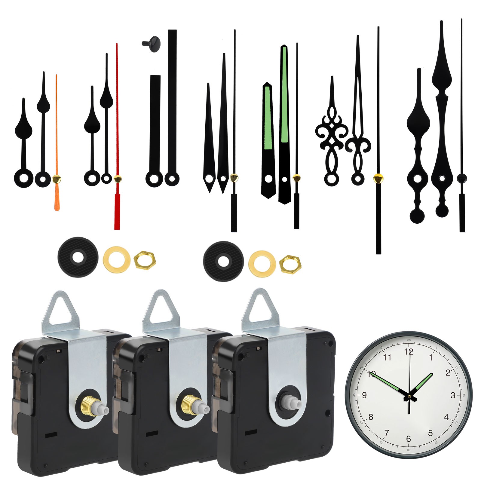 3 PCS Long Shaft Quartz Clock Movement Kit w/ 7 Hands for DIY Wall Clock Repair