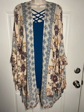 Size L Angie Cream Floral Kimono 100 Rayon with beautiful ruffle trimmed sleeve