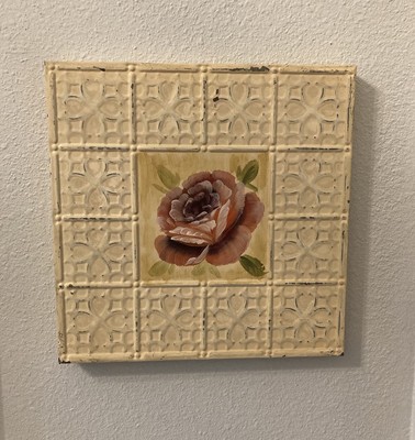 VTG Inspired HandPainted Metal Square Cream Tin Tile victorian Pink Rose 11x 11 