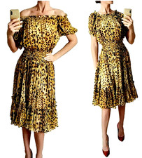 Dolce & Gabbana Leopard Print Silk Chiffon Yellow Flared Ruffle Dress IT38