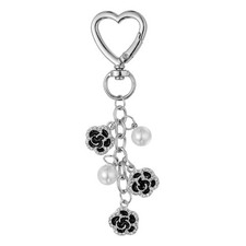 Heart Pearl Flower Keychain Elegant Gold Purse Charms, Silver/Black