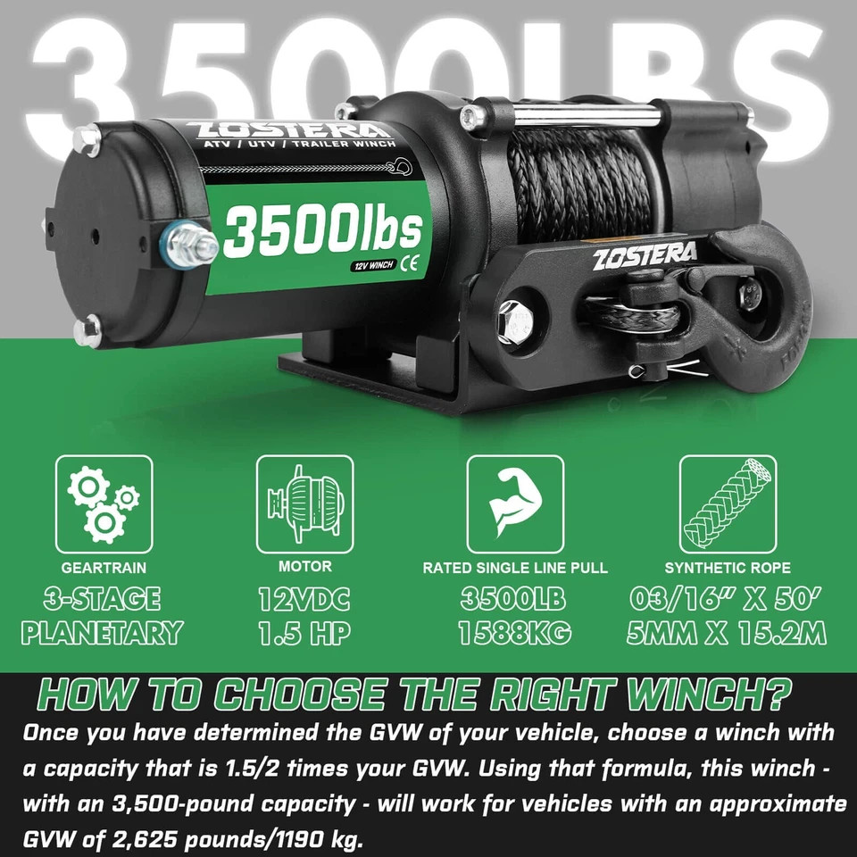 Electric Winch 3500LB Synthetic Rope ATV Winch UTV Boat 4WD Wireless Remote