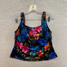 90s Vintage Tankini Swim Top Bathing Suit 12 Large Black Floral Hawaiian