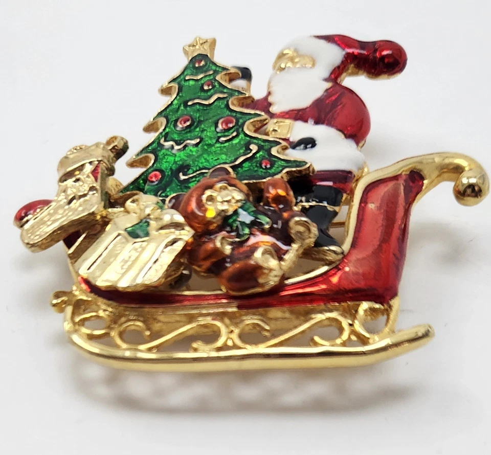 Juego de broches navideños esmaltados en trineo de Papá Noel con 5 pendientes o alfileres Foto 3 de 4