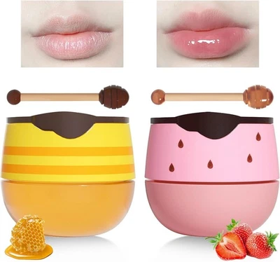 CEBOIC 2Pcs Honey+Strawberry Bee Balm Lip Mask Set, Propolis Lip Care Cream Moisturize