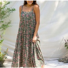 Natural Life Green Paisley Floral Tiered Maxi Dress Boho Rayon Small