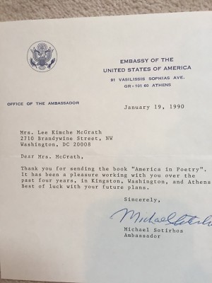 U.S.Ambassador(Greece) To U.S L.K. McGrath ORIGINAL TYPED & signed Letter - 1990