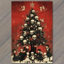 POSTCARD Gothic Christmas Tree Skulls Red Background Victorian Children Art