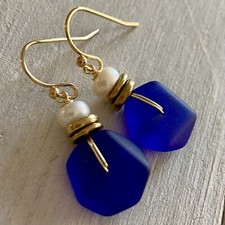 Min Favorit Cobalt Blue Sea Glass, Freshwater Pearl  Gold Pl Drop Earrings