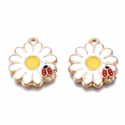 10 schöne goldfarbene Marienkäfer & Gänseblümchen Charm Anhänger mit Emaille Detail