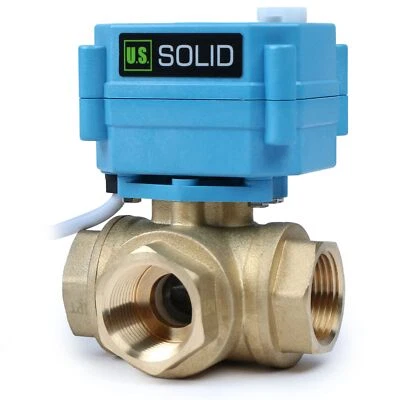 U.S. SOLID U. S. Solid 3 Way L Type Motorized Ball Valve w/ Hand Wheel 3/4in Brass 9-24V