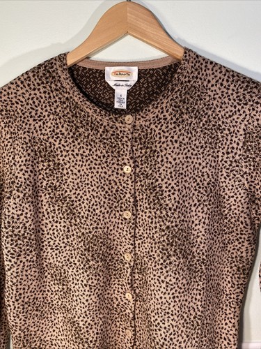 NWT Talbots Cardigan Sweater Womens S Brown Tan Animal Print Wool Italy Academia - Picture 2 of 11