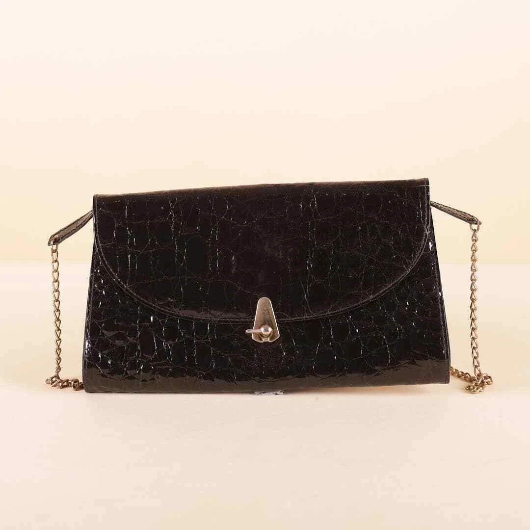 70s Black Patent Alligator Clutch Purse