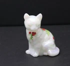 Vintage Fenton White Opalescent Cat Hand Painted Red Holly Berries Leaves Signed