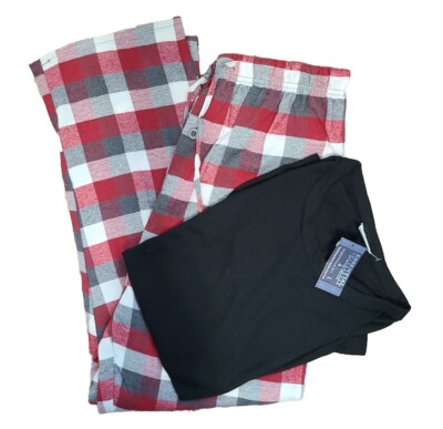 ESSENTIAL LOUNGEWEAR Black & Red Plaid 2 Piece Pajama Set Men's Size Large 