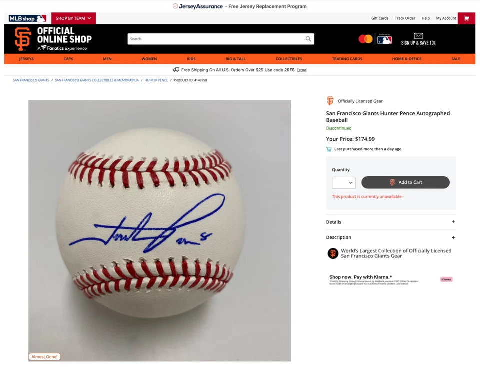 Hunter Pence Single Signed Baseball 2017 w/ MLB Hologram + Giants COA – MINT - Image 2 of 4