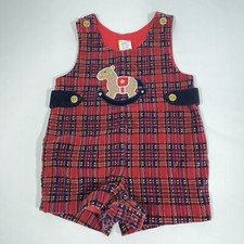 Baby Togs Romper 12mo Dusty Red Blue Plaid Velour Rocking Horse Vintage