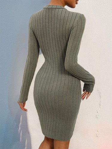 Knitted Frosted Pit Stripe Knitted Skirt Slim Fit Solid Color Long Sleeved Dress - Picture 8 of 12