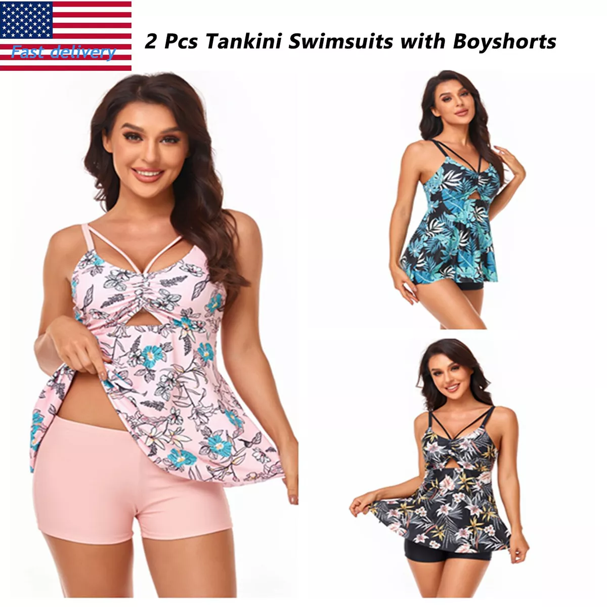 Women Two Piece Tankini Swimsuits Ruffle Tops with Boyshorts Bathing Suit