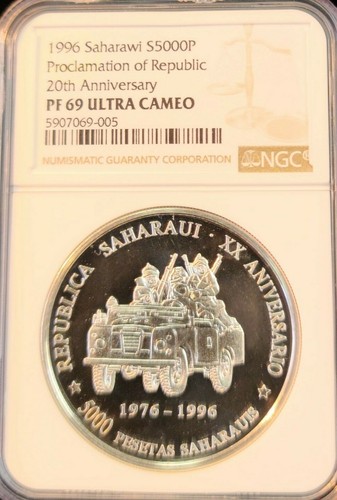 1996 SAHARAWI SILVER 5000 PESETAS REPUBLIC ANNIV NGC PF 69 ULTRA CAMEO TOP POP 1 - Picture 4 of 4