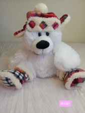 American Greetings White Fluffy Teddy Bear 10" Inc Plush Plaid Cap Boots Winter 